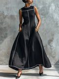 Casual Color Block Cotton Linen Sleeveless Pocket Maxi Dress