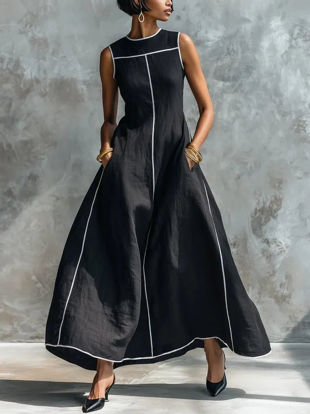 Casual Color Block Cotton Linen Sleeveless Pocket Maxi Dress