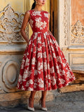 (SIZE:XS-XXL) Midi Linen Dress, Sleeveless, Linen Blend, Floral, Renaissance, Red