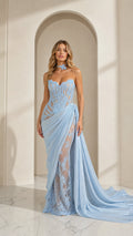 Sky blue strapless corset lace evening gown with draped overskirt front view