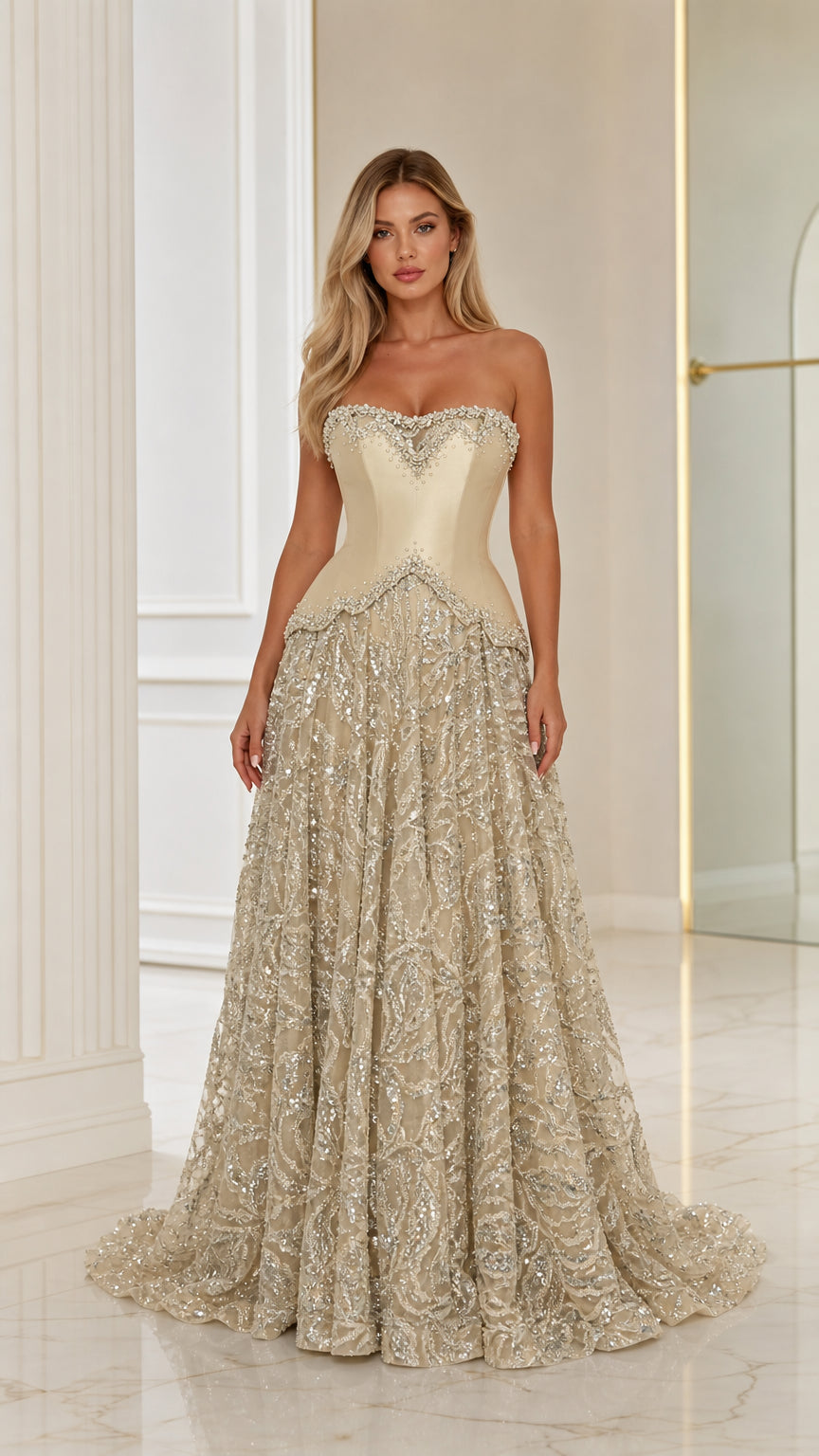 Front view of model wearing a Champagne strapless beaded corset evening gown with sequin skirt