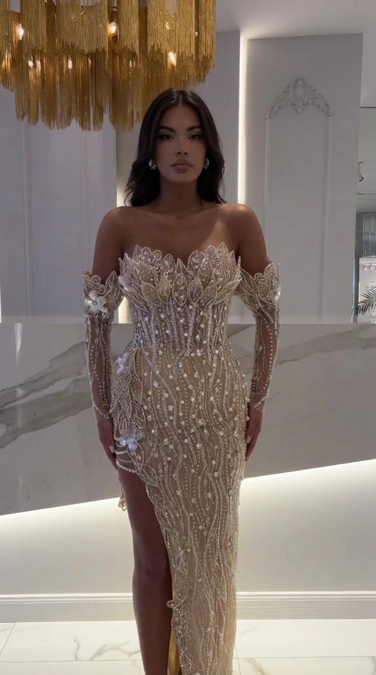 Champagne beaded off-the-shoulder evening gown with high slit and matching sleeves - front view