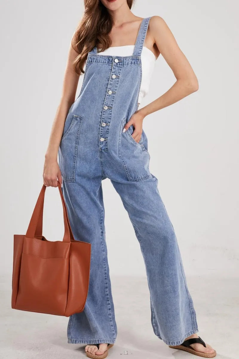Casual Denim Jumpsuit for Women Overalls Wide Leg Jumpsuit Jeans Denim Bib Overalls Dungaree Pockets
