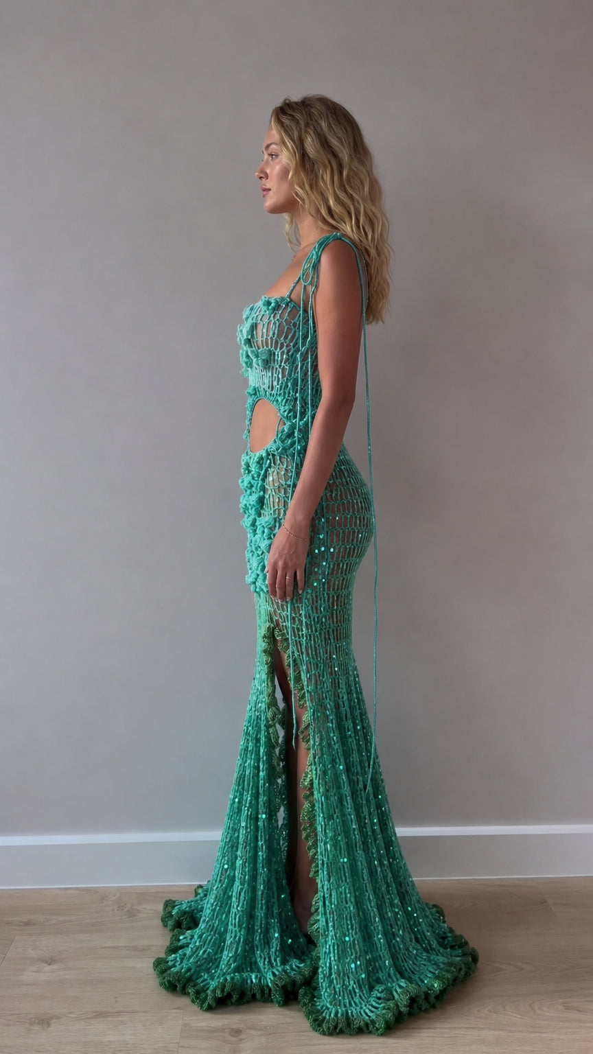 Side profile view of teal green crochet mermaid maxi dress showcasing thigh slit and silhouette
