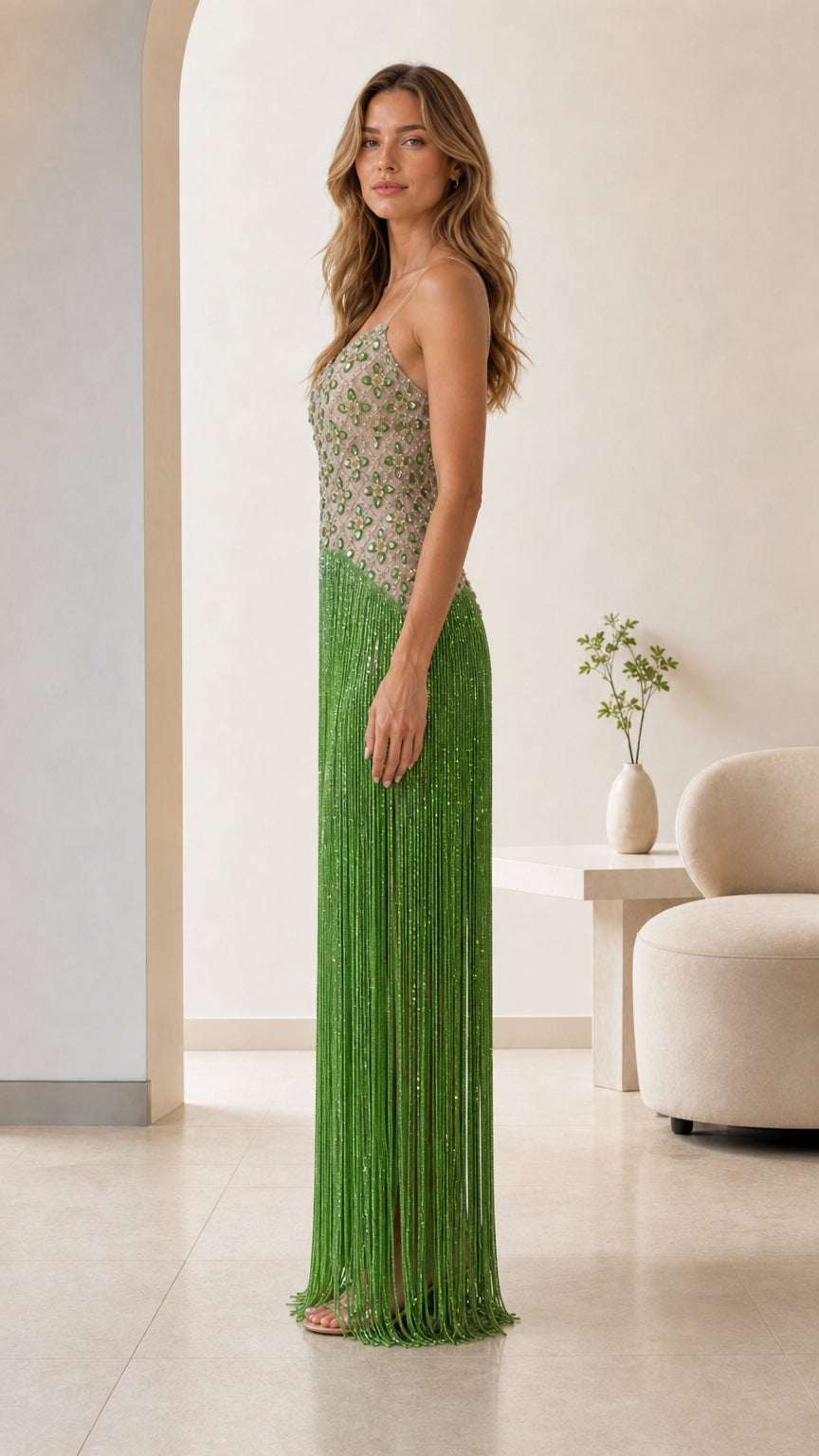 Emerald green fringe formal gown side view showing column silhouette