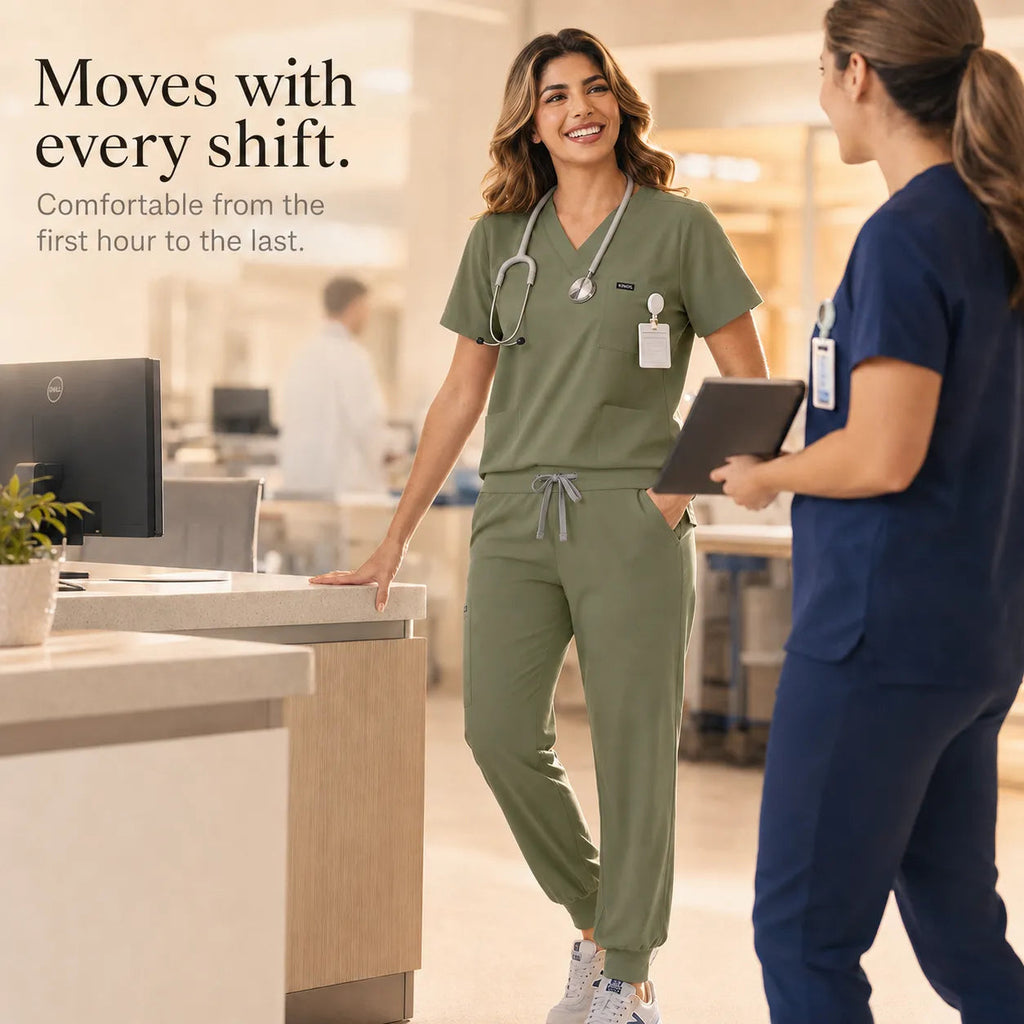 Corelle – V-Neck Jogger Scrub Set with Drawstring Waist and Pockets