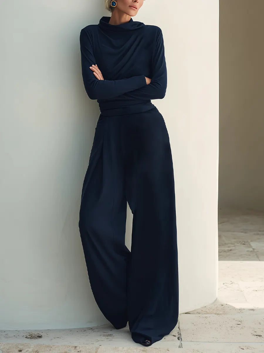 Women's Navy Stretch Jersey Two Piece Matching Set With Draped Cowl Neck Wrap Waist Top & High Waist Wide Leg Trousers, Minimalist Elegant Smart Casual Co-Ord Outfit MDZ2249G3LYL