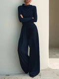 Women's Navy Stretch Jersey Two Piece Matching Set With Draped Cowl Neck Wrap Waist Top & High Waist Wide Leg Trousers, Minimalist Elegant Smart Casual Co-Ord Outfit MDZ2249G3LYL