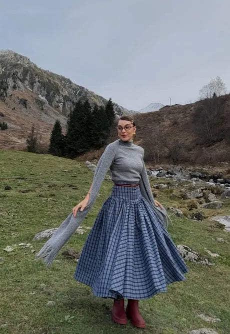 Navy Plaid High-Waist A-Line Skirt