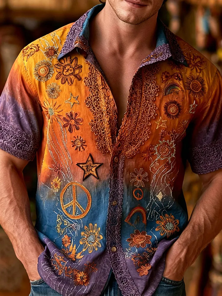 Men's Hippie Peace Symbol And Floral Embroidery Tie-dye Casual Short Sleeve Shirt