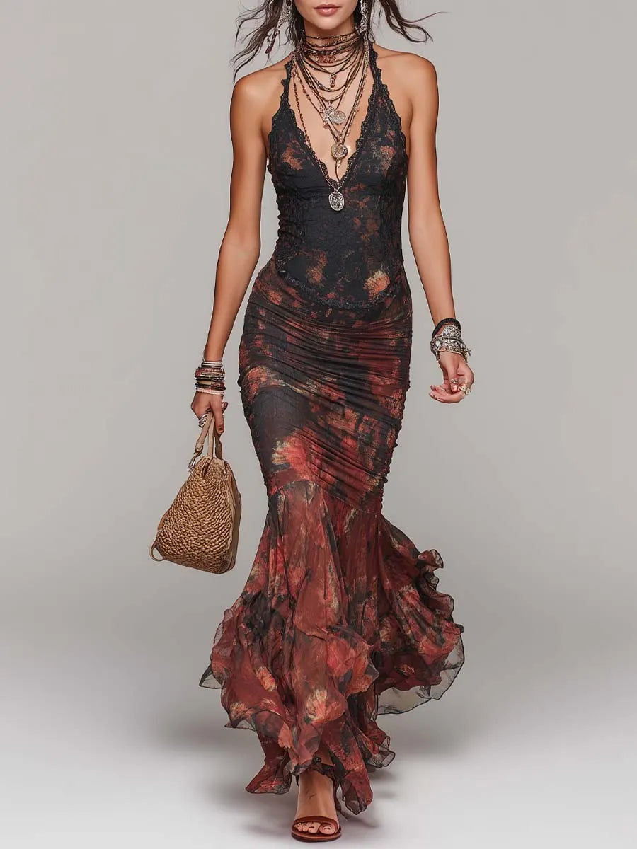 Vintage-style Halter-neck Lace And Mesh Maxi Dress