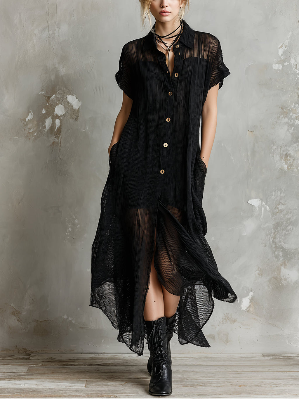 Stylish black short-sleeved loose single-breasted dress with slip dress