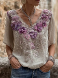 Vintage Purple Flowers Embroidered Short Sleeve Linen Shirt