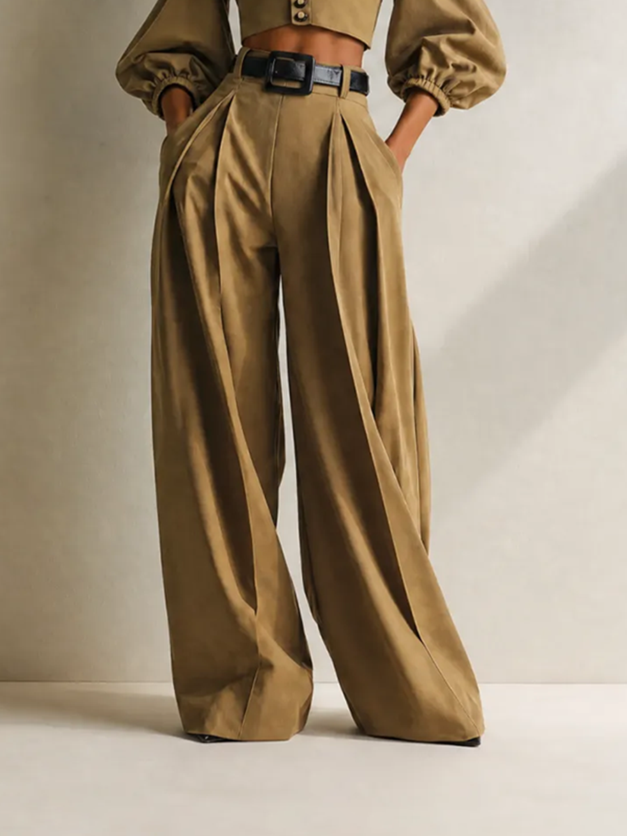 Women's Elegant Casual Dark Khaki Peak-Lapel Blouson-Sleeve Button-Front Cropped Jacket & High-Waisted Wide-Leg Trouser Set MDZ2448G8CMX