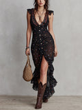 Black Floral V-Neck Dress with Binding and Flounce Sleeves