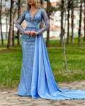 Women's V-neck Blue Sequin Embroidery Dress