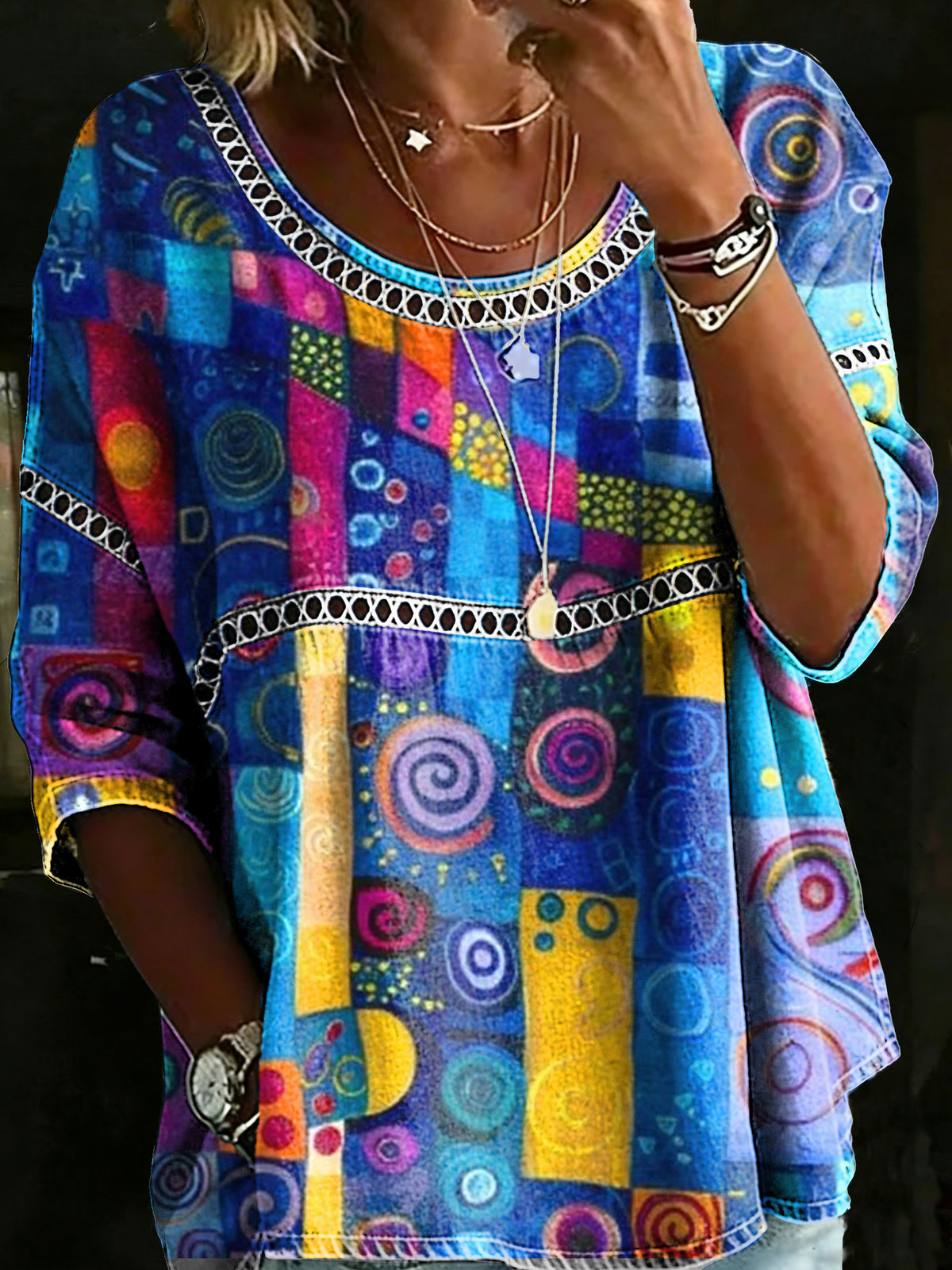 Women's Multicolor Abstrct Casual Loose Denim Blouse Shirt