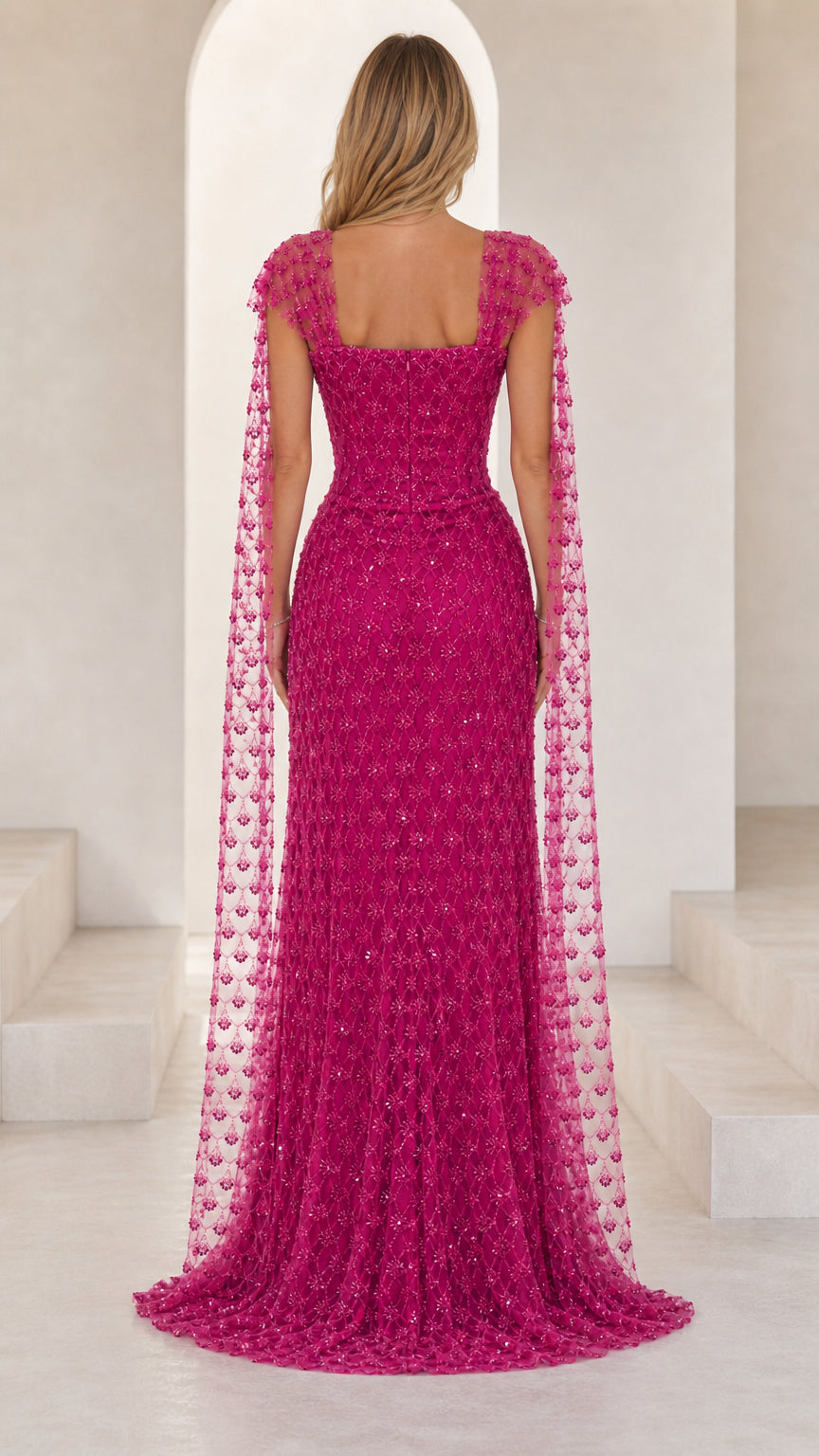Sequined Square Neck Capelet Evening Gown with Thigh Slit