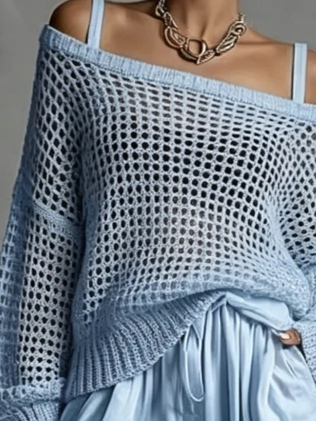 Casual Plain Hollow Out Cold Shoulder Knit Top