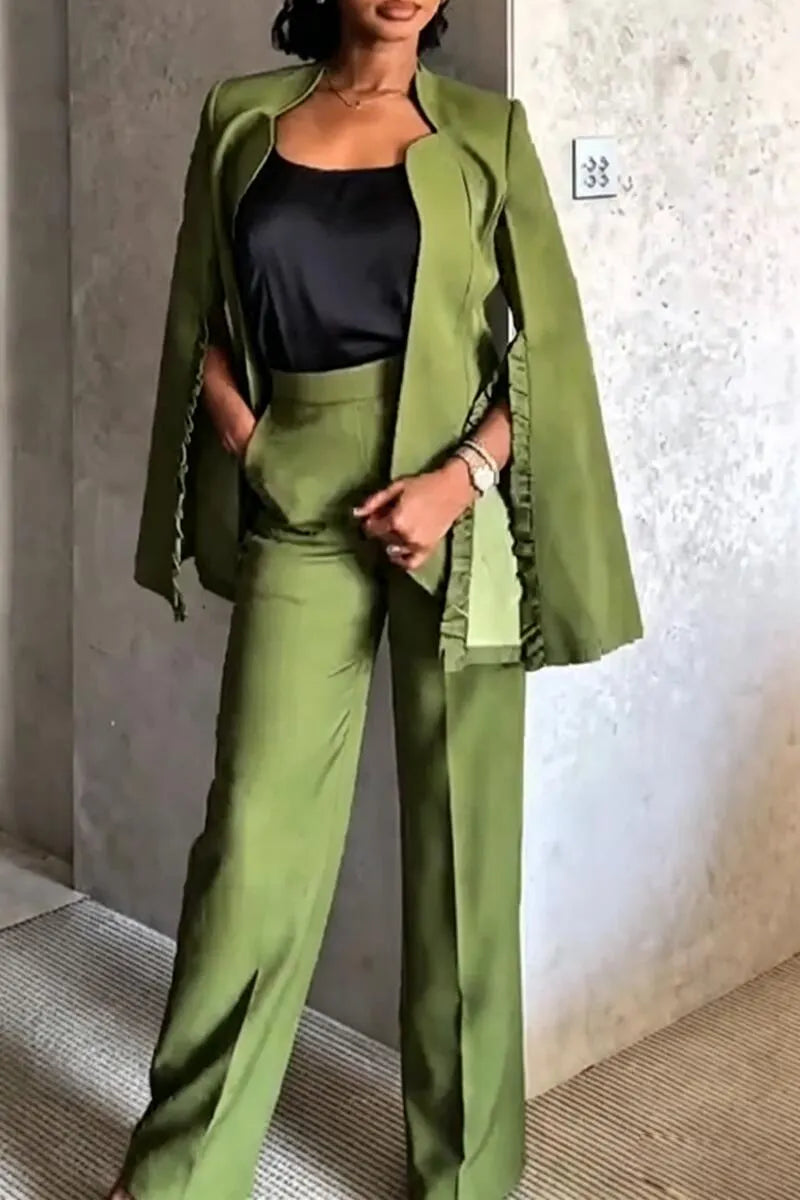 Women Trumpet Sleeve Jacket+ Wide Leg Pants Solid Color Temperament Commuting Set