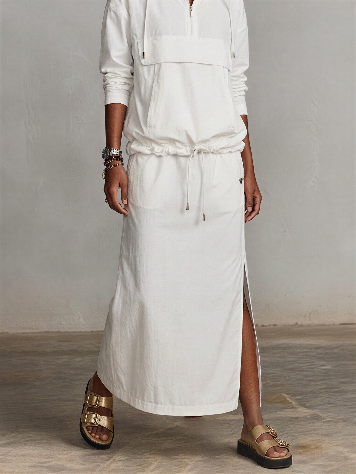 Women's Ivory Lightweight Cotton Matching Outfit With Adjustable Waist Hooded Pullover & High Side Slit Midi Skirt, Versatile Streetwear Two Piece Set MDZ2282G9LYL