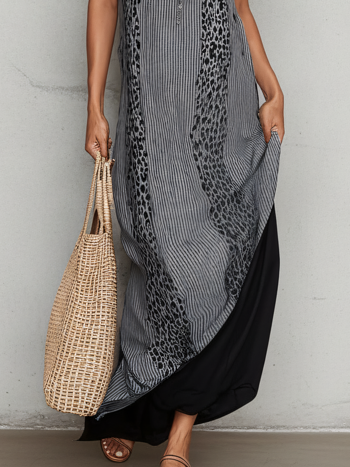 Gray Leopard Stripe Cotton Linen Maxi Dress
