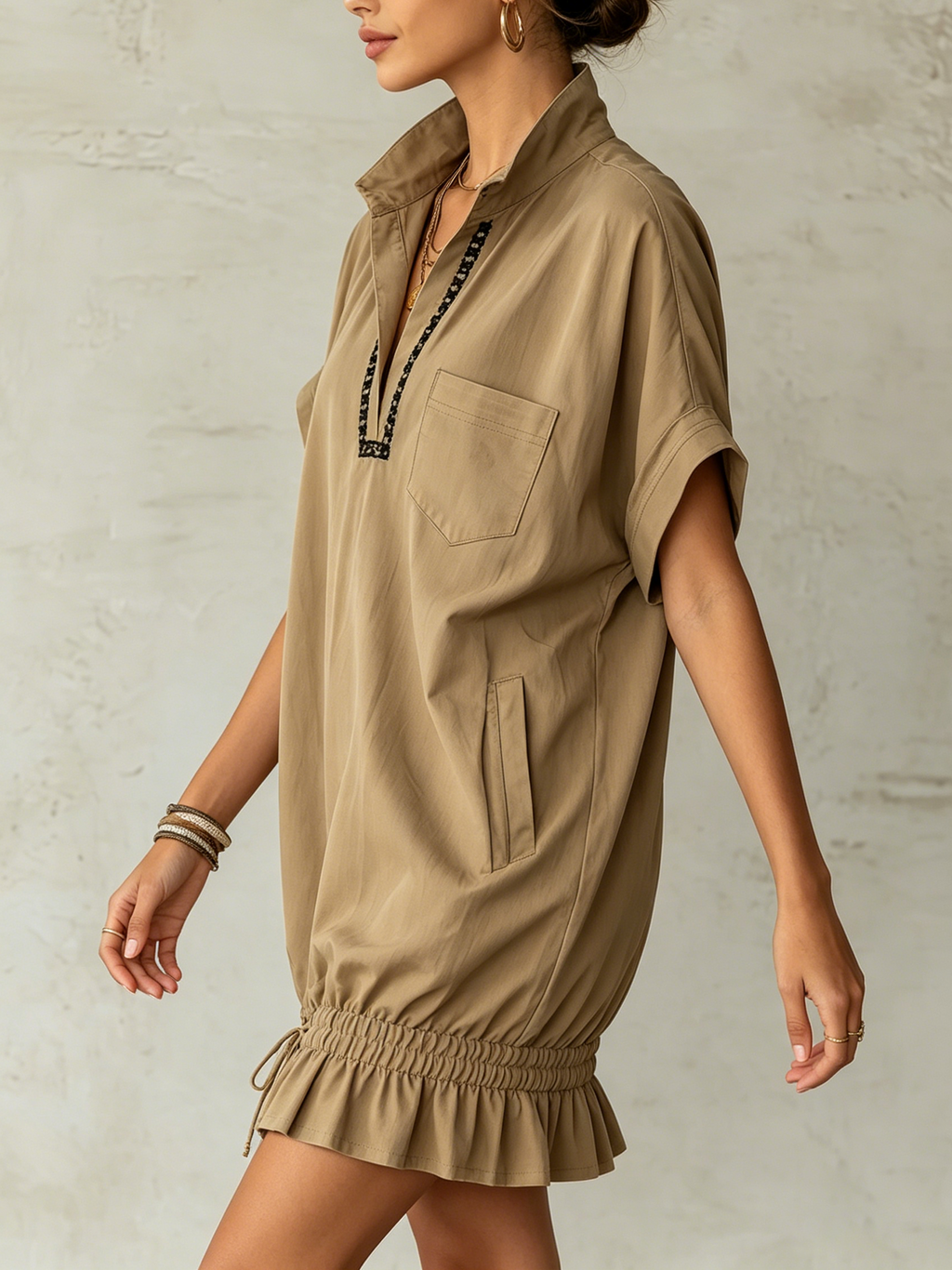 Khaki Drawstring Mini Dress With Ribbon Trim And Ruffled Hem