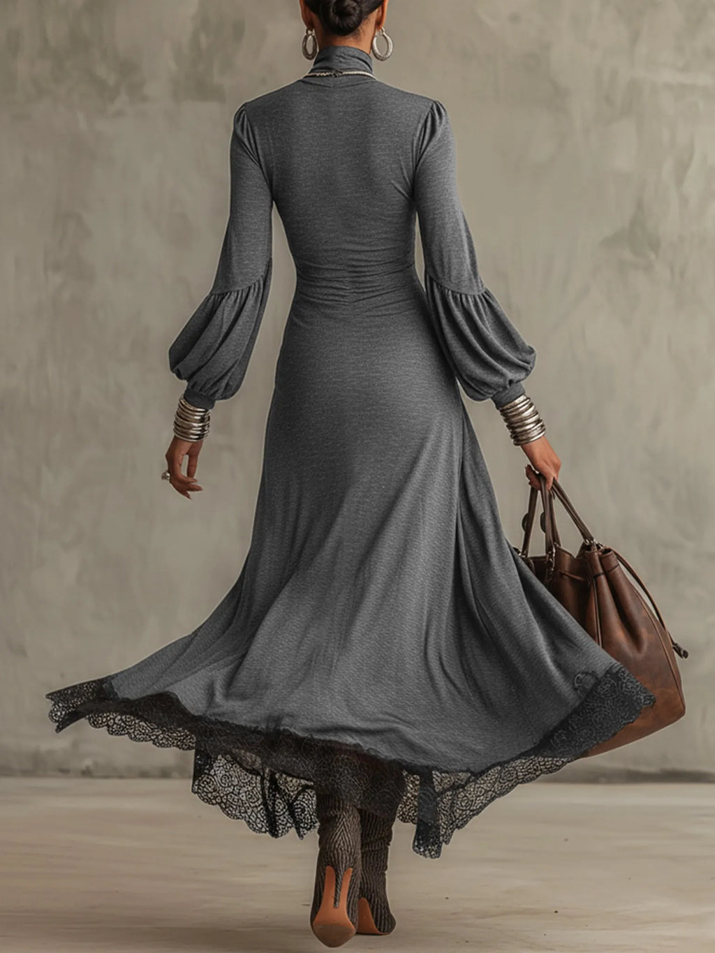 Gray Knitted Lace Hem Puff Sleeve Maxi Dress