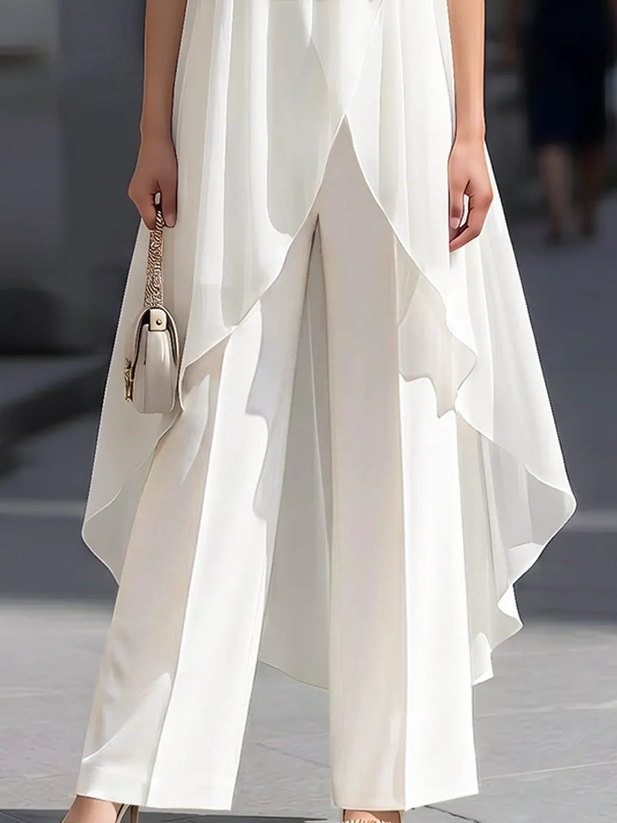 Layered Sheer Overlay High Neck Sleeveless Top And Wide-Leg Pants Set