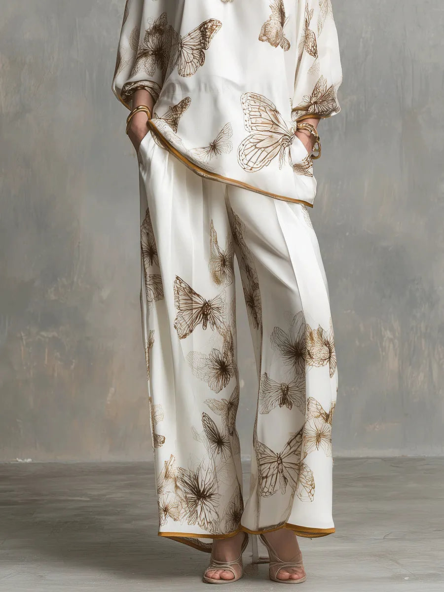 Ivory Satin V-Neck Butterfly-Print Top and Wide-Leg Trousers Set