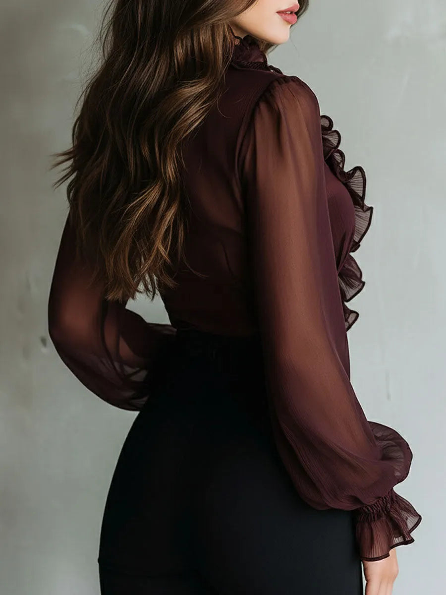 Retro Plum Sheer Ruffled Tie-Front Chiffon Blouse