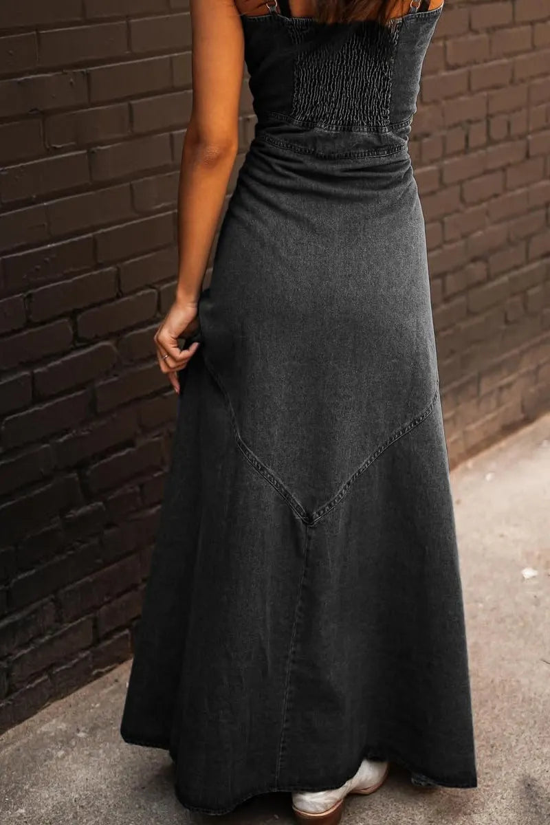 Women's Spaghetti Strap Smocked Back Denim Dress Button Down A-Line Swing Flowy Maxi Jean Dress
