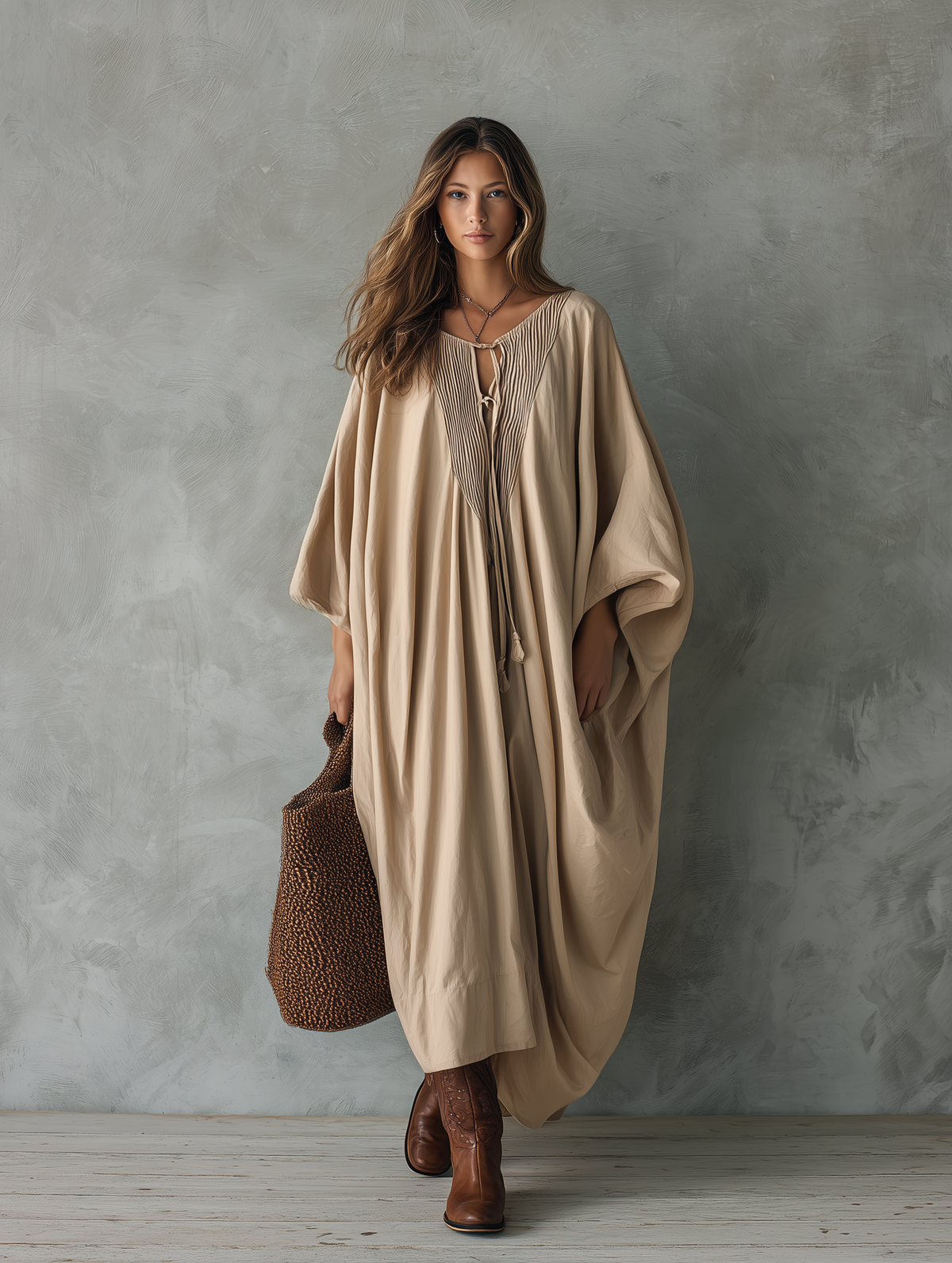 Women's Casual Khaki Woven V-Neck Batwing-Sleeve Maxi Dress MDZ2446G5LXY