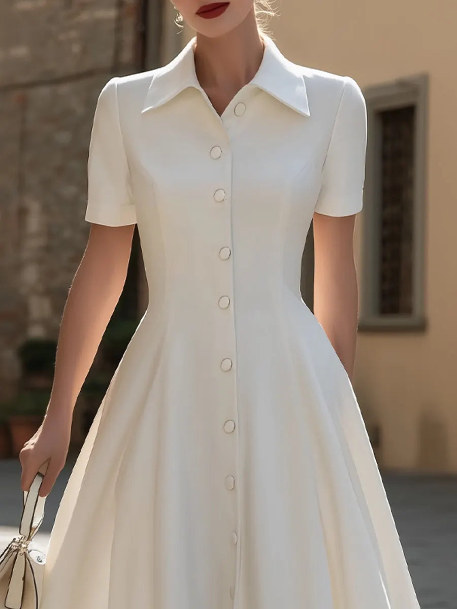 Pointed Collar Short-Sleeve Button-Down A-Line Midi Dress