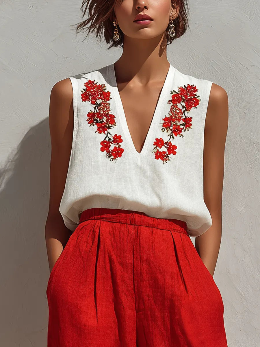Women’s White Sleeveless Floral Embroidered Linen Top & Red High-Waisted Wide-Leg Pants Two-Piece Set MDZ2803D3T