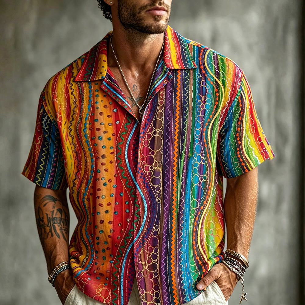 Men's Hippie Style Colorful Curved Line And Rhinestone Art Patchwork Art Short Sleeve Shirt