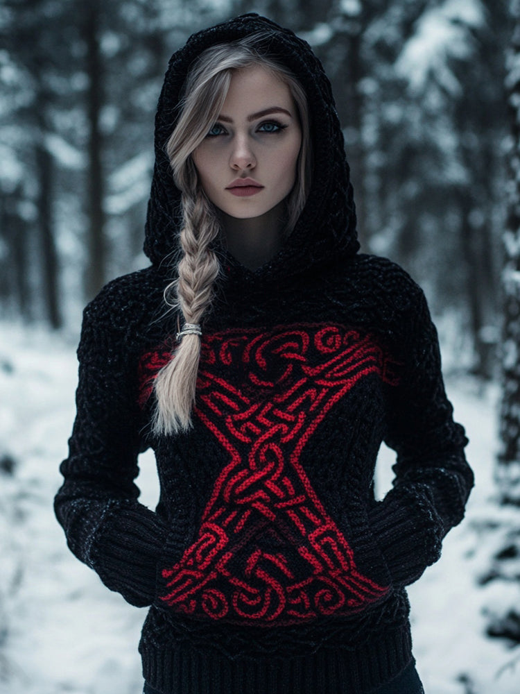 Women's Viking Celtic Text Totem Jacquard Contrast Color Hooded Sweater