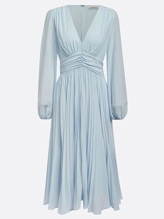 Light Blue Pleated Ruched Balloon Sleeve A-Line Midi Chiffon Dress
