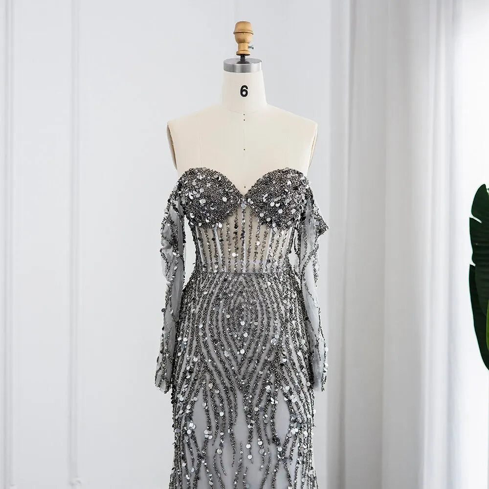 Dreamy Vow Luxury Dubai Gray Mermaid Evening Dress Elegant Off Shoulder Gold Prom Formal Dresses for Women Wedding Party 357