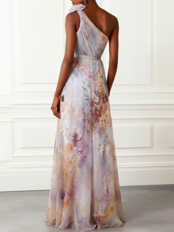 Light Purple 3D Floral Chiffon One Shoulder Sleeveless A-Line Floor-length Gown Dress