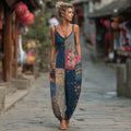 Women's Japanese-style Floral Linen Sleeveless V-neck Jumpsuit