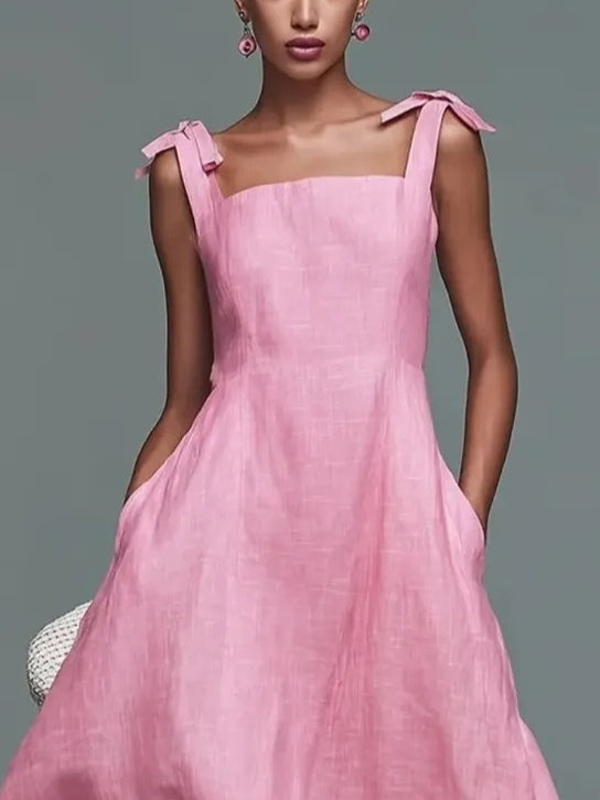 Pink Bow-Strap Square-Neck Maxi Dress