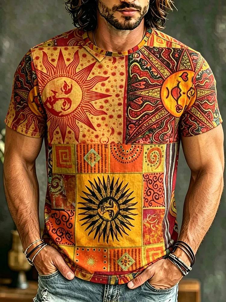 Men's Sun Art Geometric Patchwork Print Casual Crew Neck T-shirt