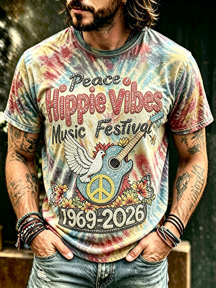 Men's Vintage 60s Tie Dye Music Art Hippie Crew Neck T-shirt