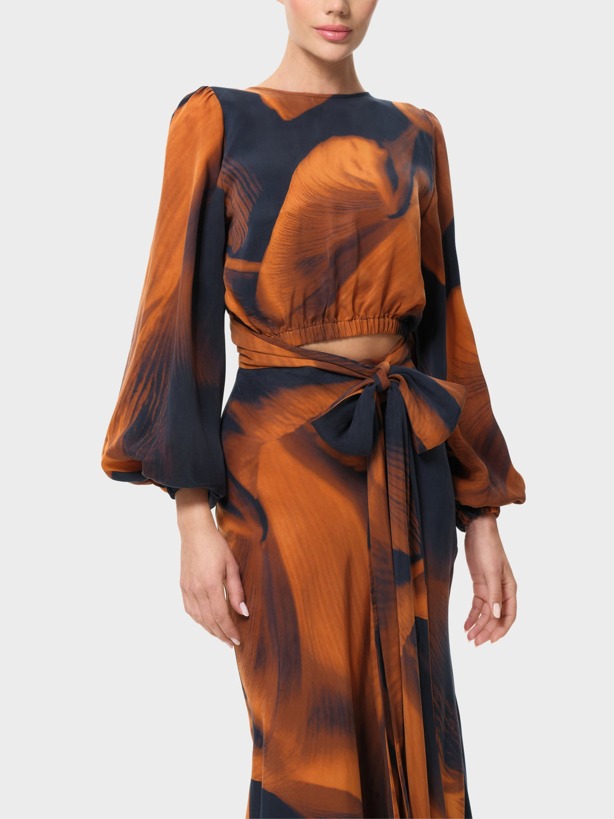 Navy and brown abstract-print reversible top and skirt set