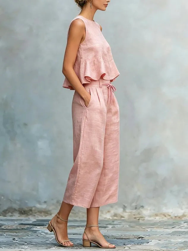 Cotton Casual Solid Relaxed Plain Peplum Sleeveless Blouse