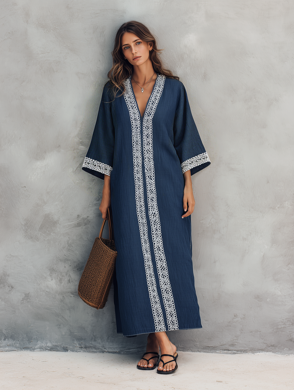 Women's Casual Navy Blue Cotton-Linen V-Neck Maxi Dress With Three-Quarter Sleeves MDZ2332G1LXY