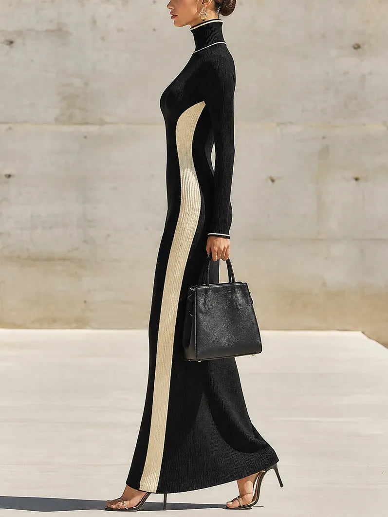Black White Color-Block High-Neck Maxi Dress With Side Vertical Stripes And Slits