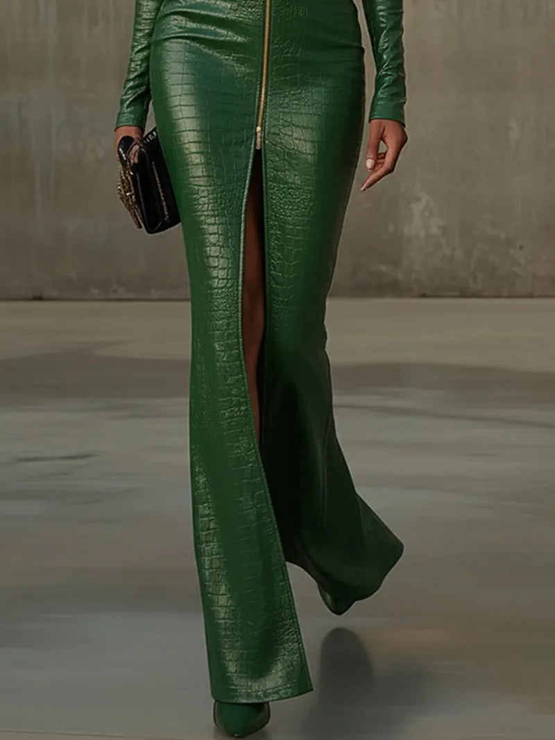 Green Elegance Croc Embossed Maxi Dress