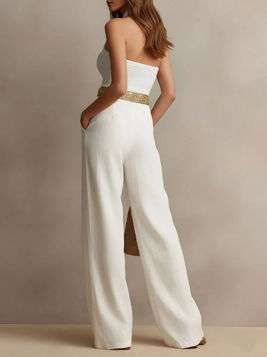 Vintage Boho White Halter Wide-Leg One Piece Jumpsuit